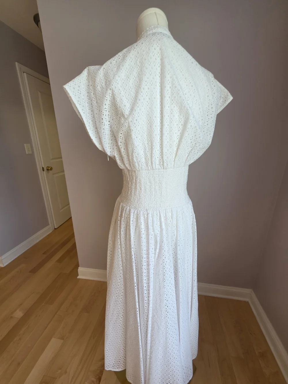 Tory Burch White Eyelet Smocked-Waist Midi Dress